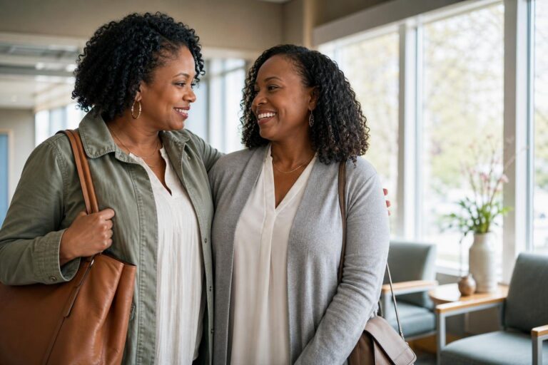 Two Black women support each other after a mammogram appointment at a clinic.