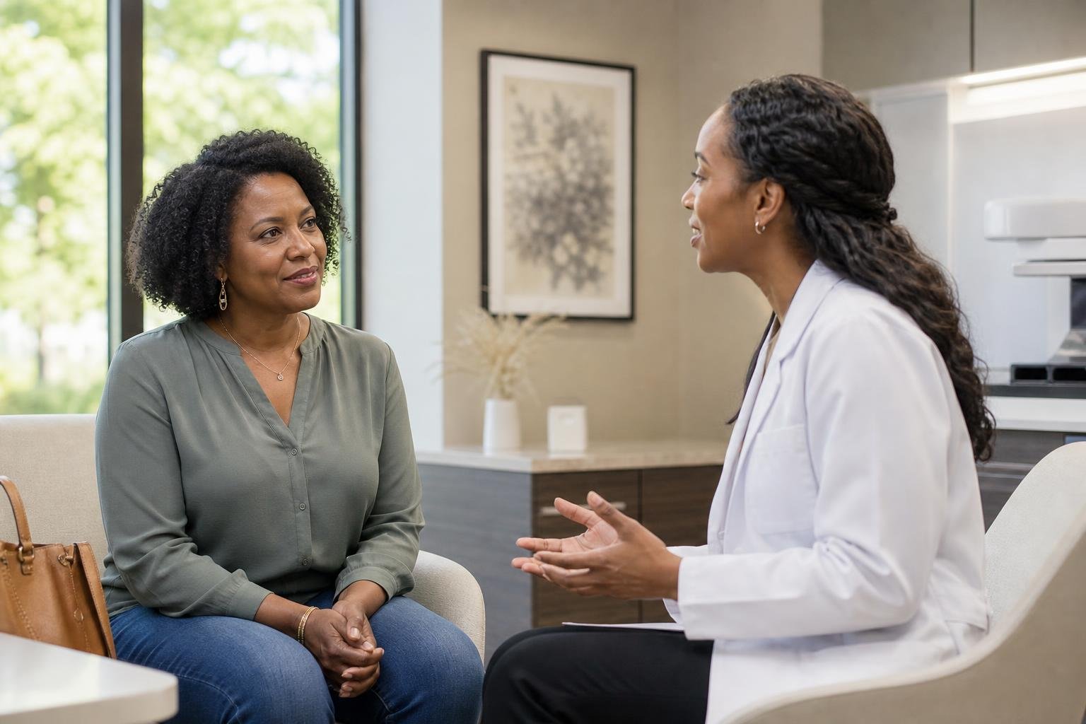 Black woman discusses mammography and breast health with a clinician in a bright medical office.
