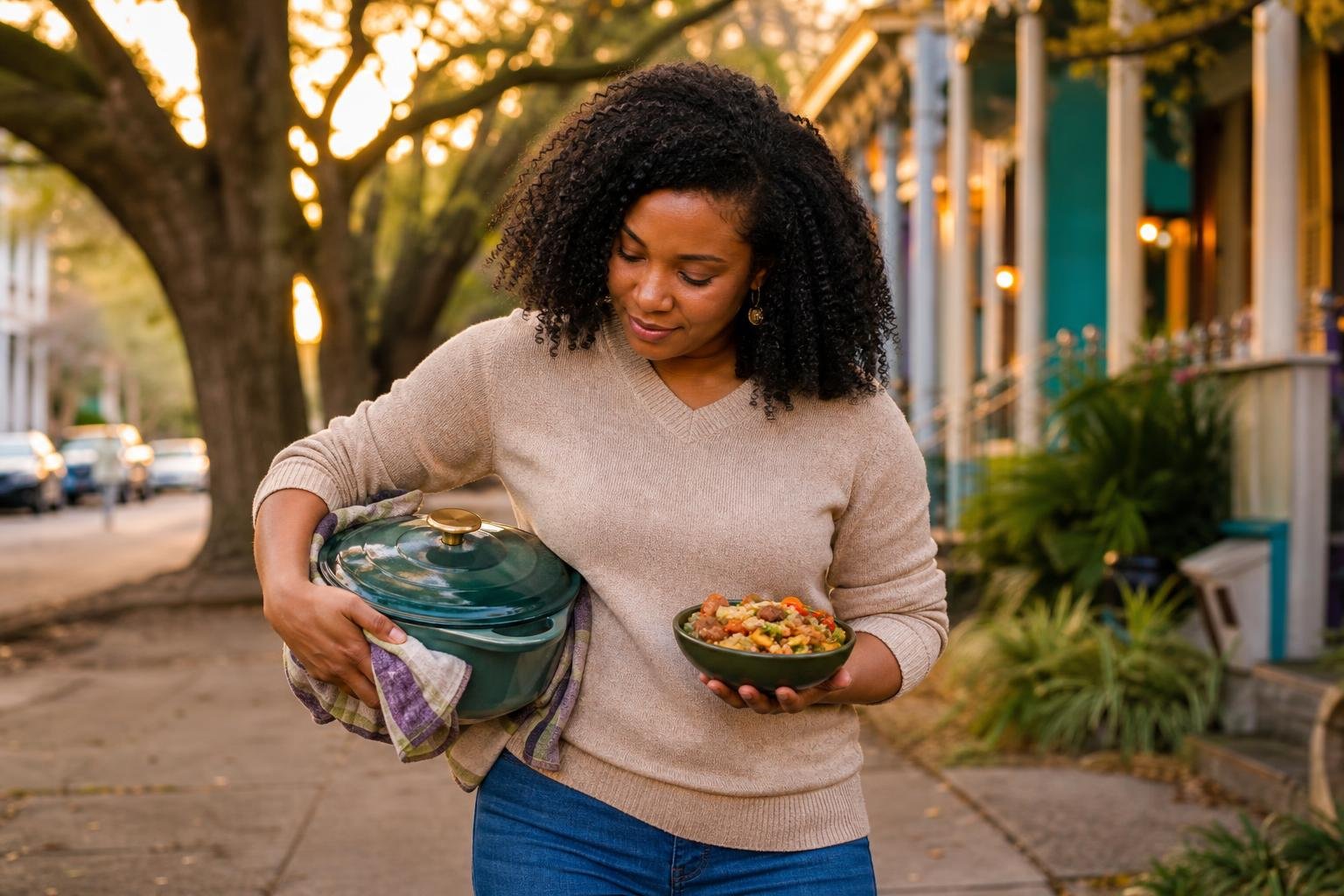 Woman carries homemade Mardi Gras jambalaya along a neighborhood street at sunset.