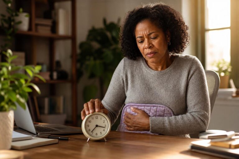 Woman at desk with heating pad considers a prolonged five-week menstrual cycle.