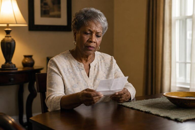 An older Black woman sits worried at a table, reflecting on mental illness care.