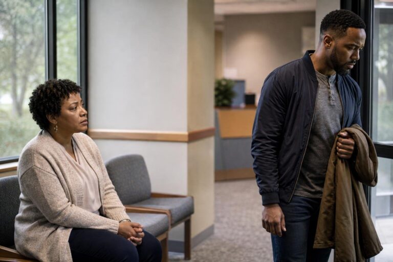 Concerned sister watches her brother leave a clinic amid mental illness treatment refusal.