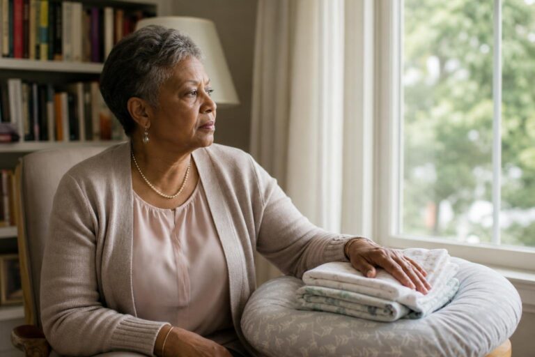Michal A. Young sits by a home office window beside a nursing pillow and newborn blanket.