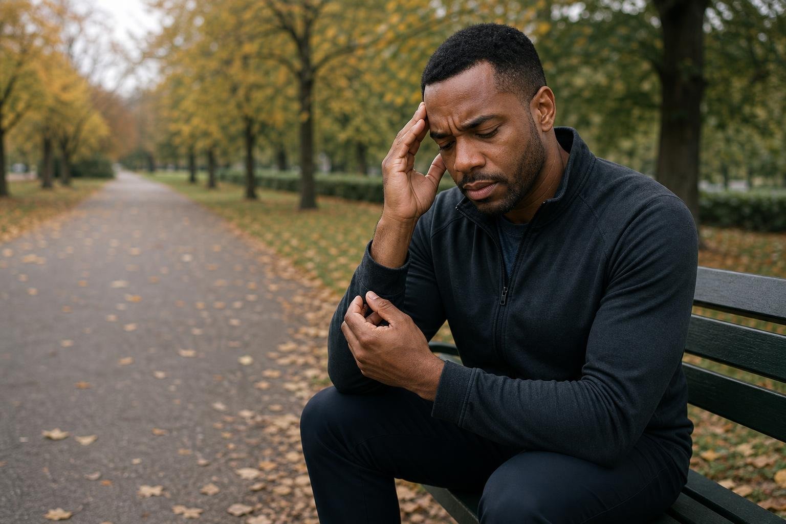 Black man with a migraine checks his wrist pulse on an overcast neighborhood walking path.