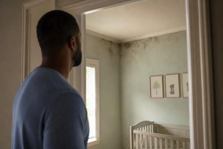 A concerned father looks into a nursery doorway at mold stains linked to infant asthma risk.