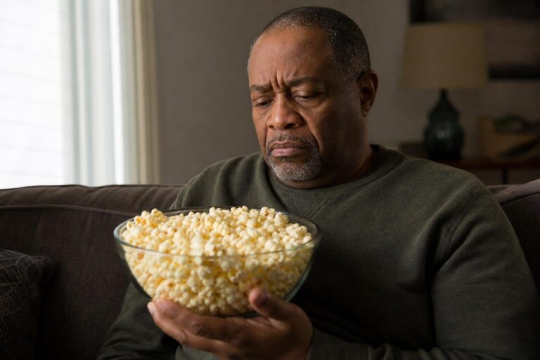A concerned middle-aged Black man studies popcorn during movie night, weighing diet choices.