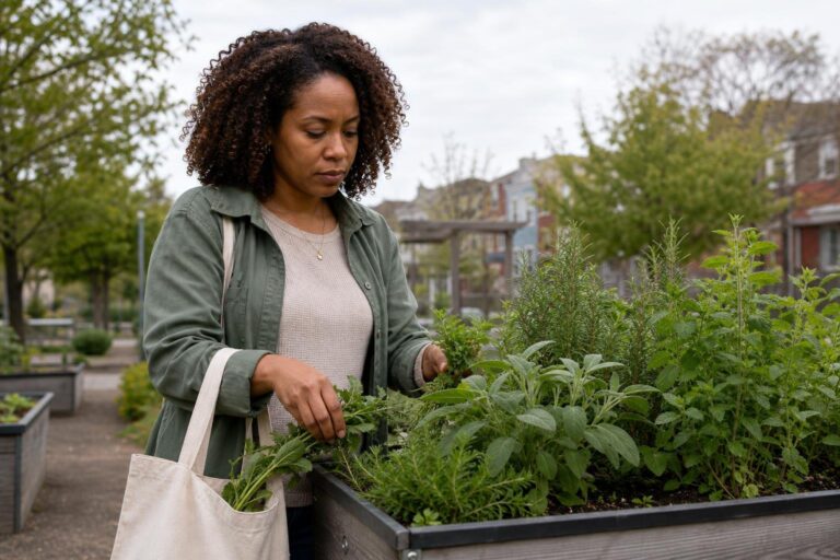 Black woman with multiple sclerosis gathers fresh herbs in an overcast community garden.