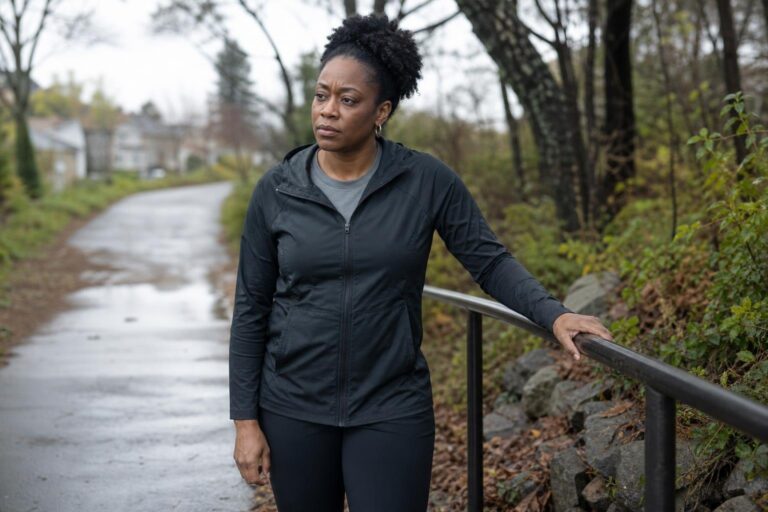 Woman with multiple sclerosis pauses on an overcast park path.
