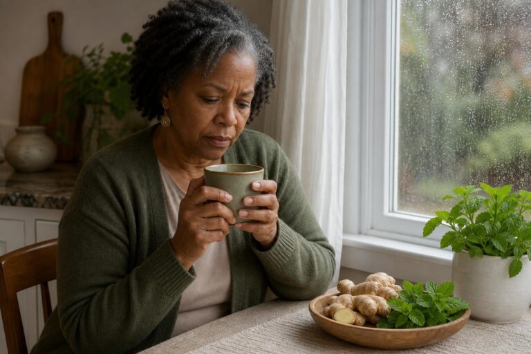 Black woman considers natural asthma remedies with herbal tea by a window.