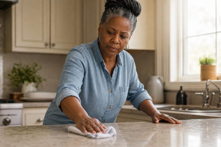 Black grandmother wipes dust from a kitchen counter for natural asthma remedies for kids.