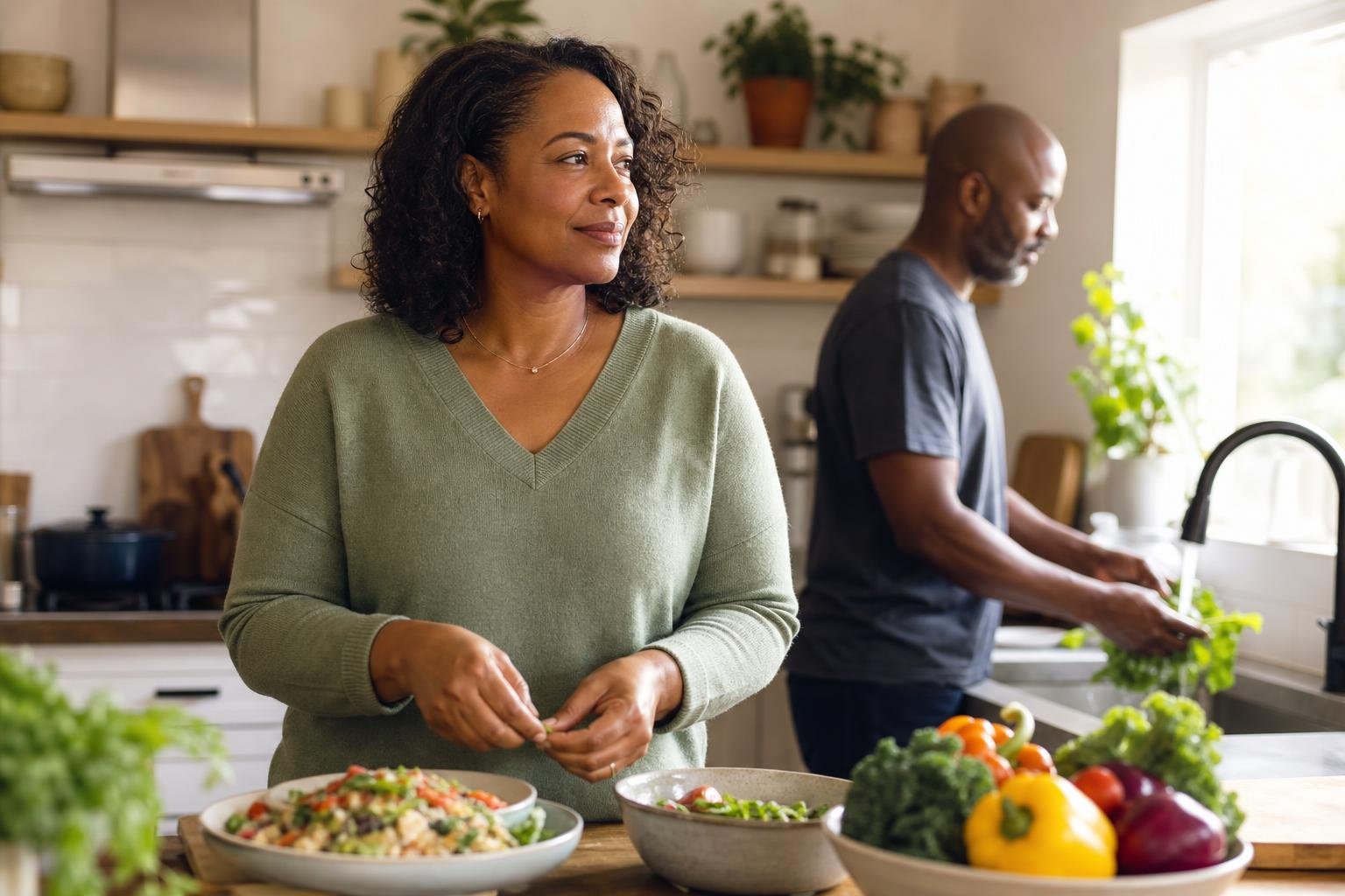 A Black woman prepares fresh vegetables at home while considering natural remedies for breast cancer.