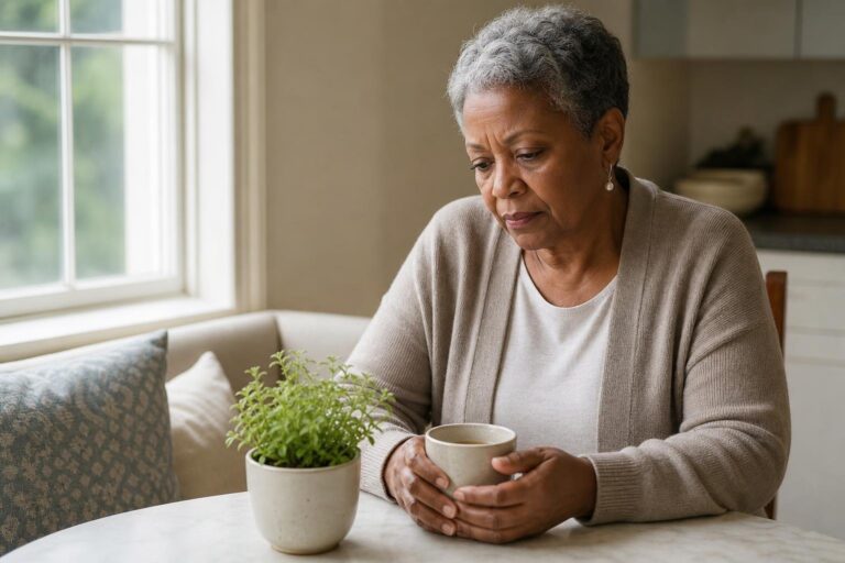 Black woman considers natural remedies for depression beside herbs and tea at a kitchen window.