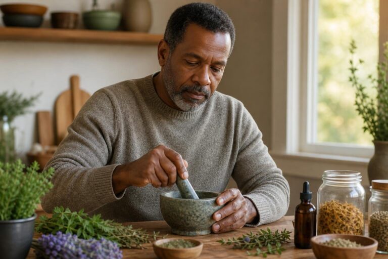 Middle-aged Black man preparing fresh herbs in a mortar while exploring naturopathy at home.