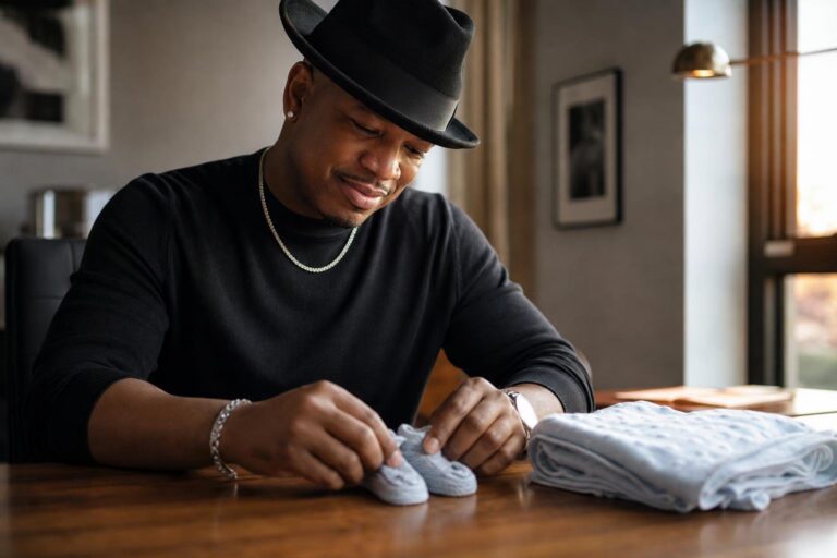 Black father holds tiny booties at a desk, celebrating Ne-Yo's newborn son news.