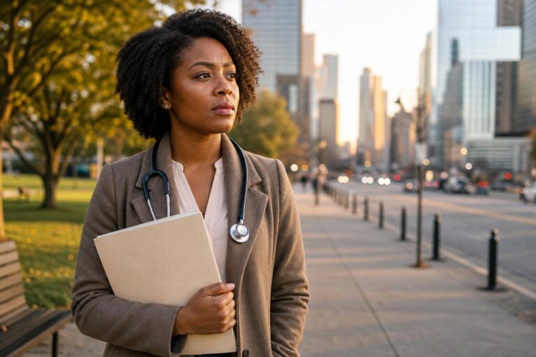 Black physician leaving the NMA annual conference with a determined expression at sunset.