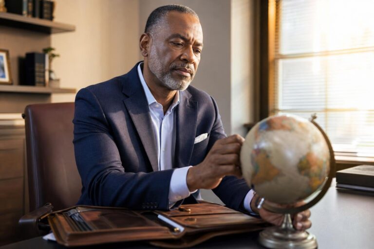 NMA president reflects at his desk while turning a small globe beside a travel folio.