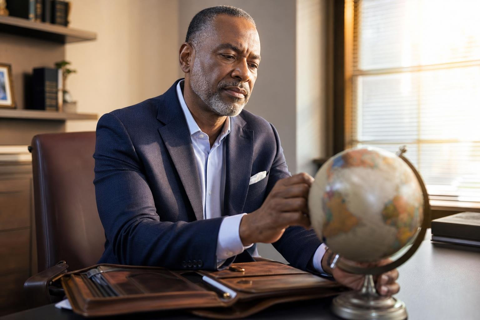 NMA president reflects at his desk while turning a small globe beside a travel folio.