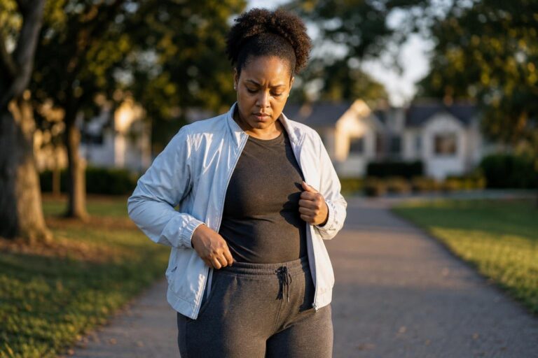 Woman pauses on a park-edge walk, concerned about not losing weight despite her efforts.