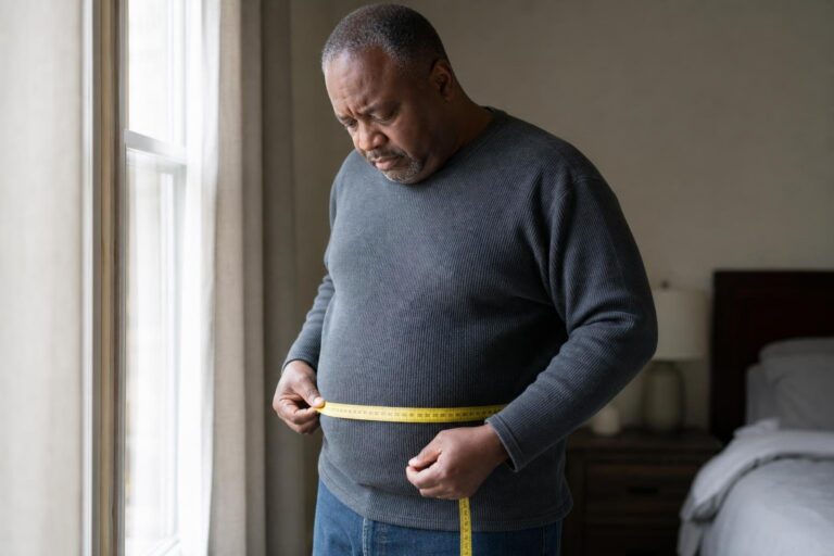 Concerned middle-aged Black man measuring his waist over a sweater as obesity rates rise.