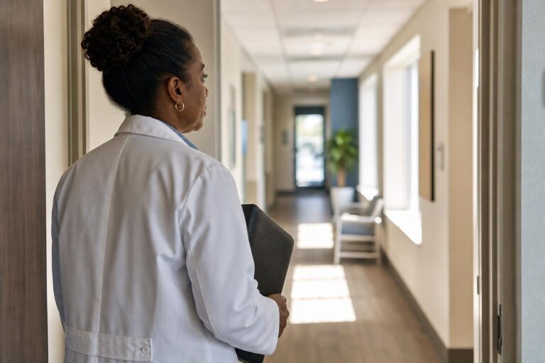 Black woman physician enters a health center hallway for an obesity task force meeting.