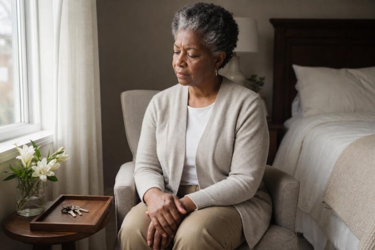 Older Black woman with OCD pauses after placing keys in a tray beside a sunlit bedroom window.