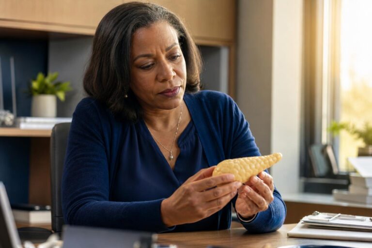 Dr. Odetta Okafor holds a pancreas model at her clinic desk.