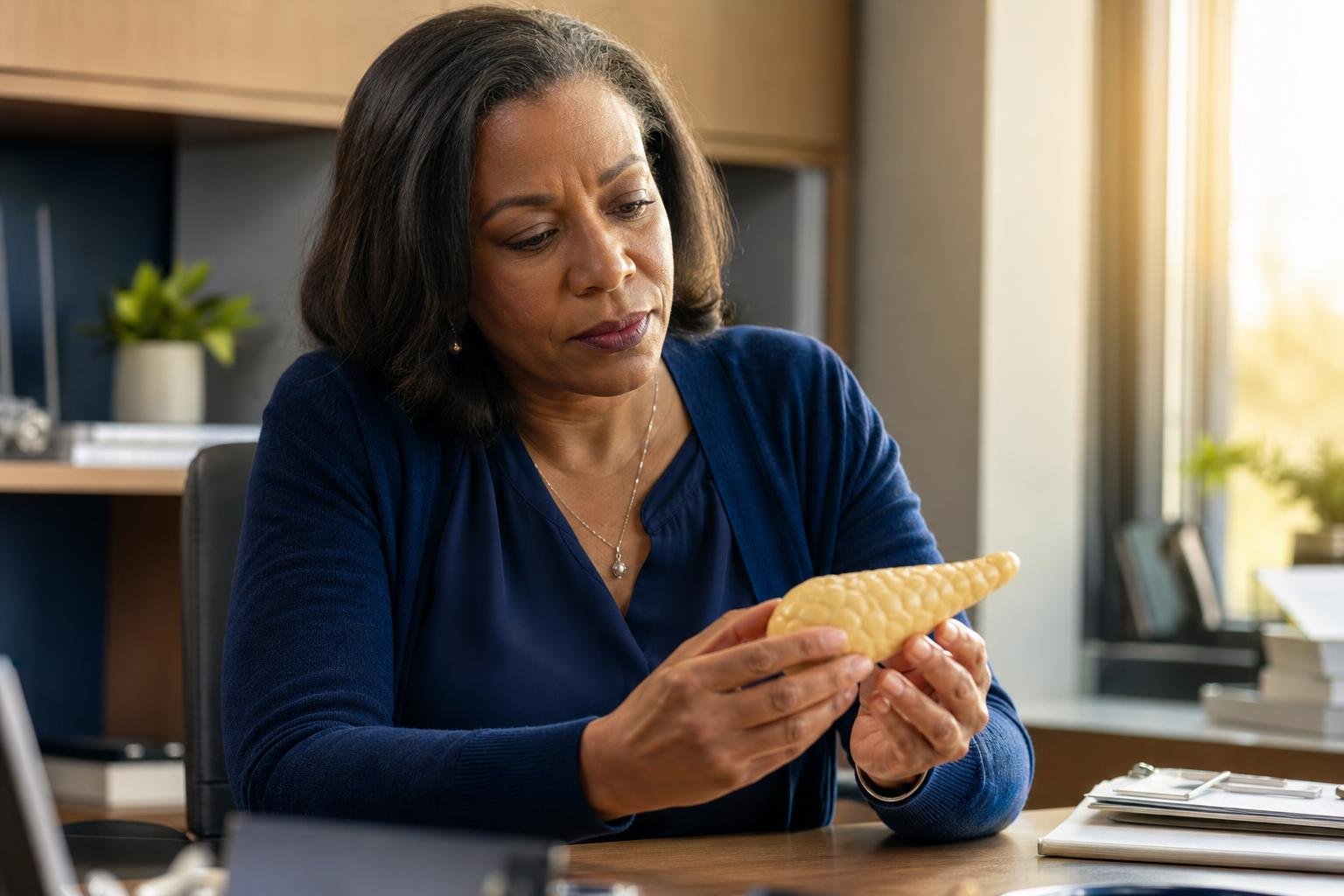 Dr. Odetta Okafor holds a pancreas model at her clinic desk.