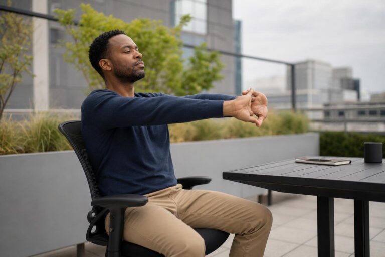 Office worker doing seated shoulder stretches outdoors during a work break.