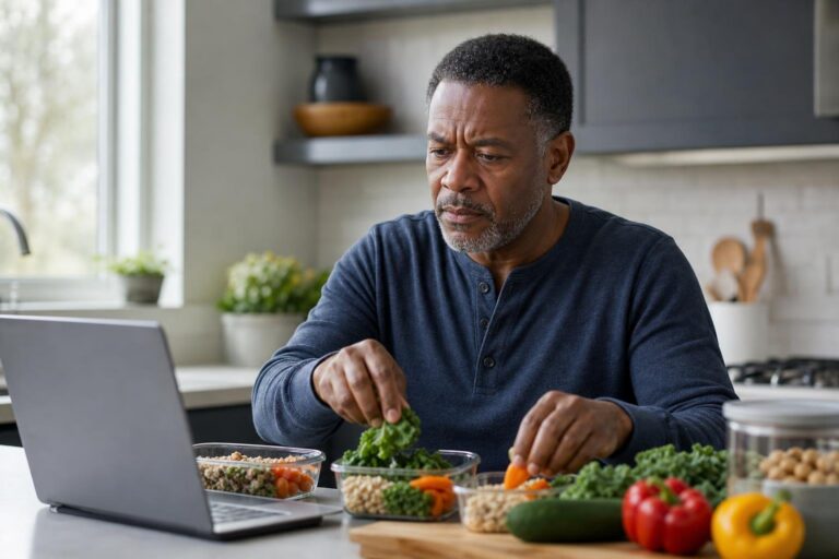 Black man follows an online meal planning demo while portioning fresh ingredients in his kitchen.