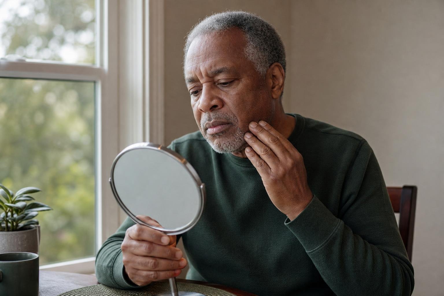 Black man checks his jaw with a hand mirror while considering oral cancer risk at home.