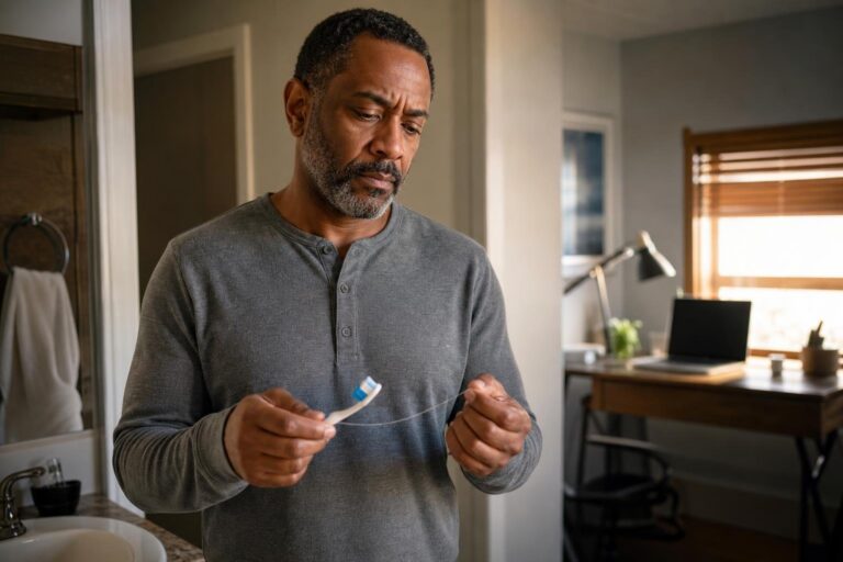 Black man considers oral health while holding floss and a toothbrush at a home counter.