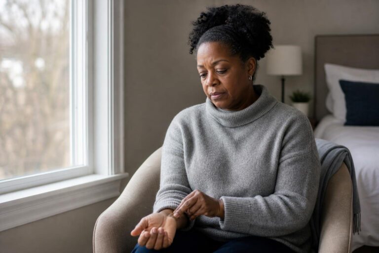 Black woman reflects on acupuncture for PCOS while seated by a bedroom window.