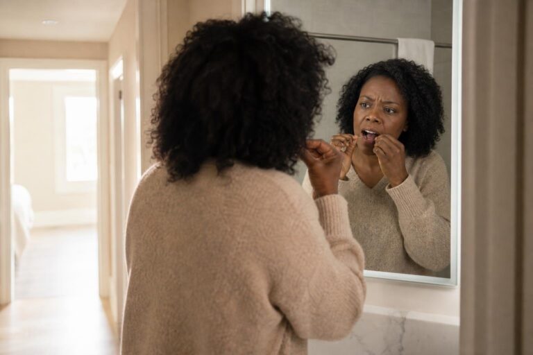 Over-the-shoulder view of a woman flossing her teeth to remove plaque in morning light.