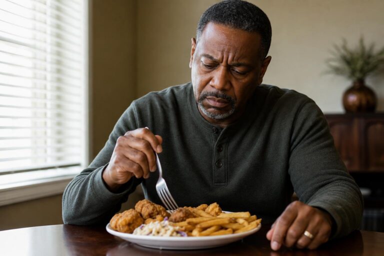 Concerned middle-aged man considers poor nutrition while seated before a heavy fried meal.