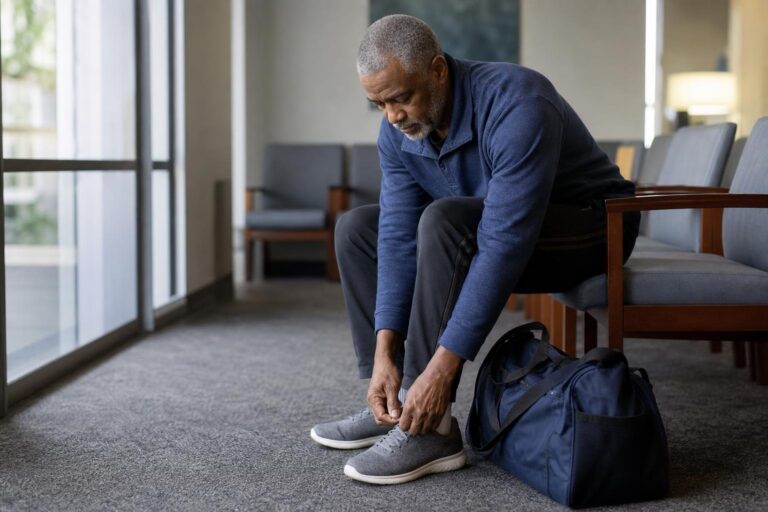 Man tying a walking shoe in a clinic waiting area for exercise and prediabetes care.