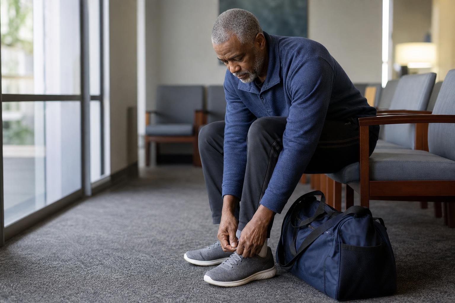 Man tying a walking shoe in a clinic waiting area for exercise and prediabetes care.