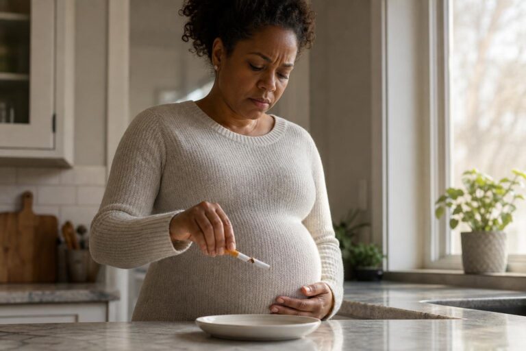 Pregnant Black woman breaking a cigarette at a kitchen counter to quit smoking.