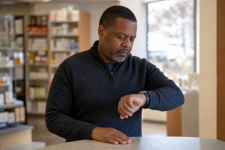 Black man checks his watch while waiting at a pharmacy counter for a prescription.