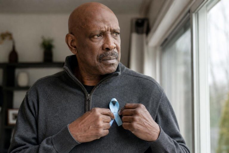 Concerned Black man pins a prostate cancer awareness ribbon to his sweater.