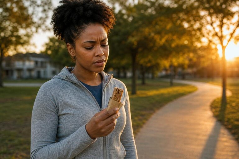 Black woman on a park walk thoughtfully considering a protein bar at golden hour.