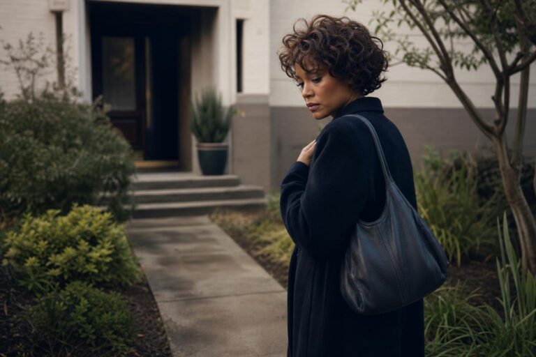 A Black woman pauses outside a recovery center before returning to outpatient rehab treatment.