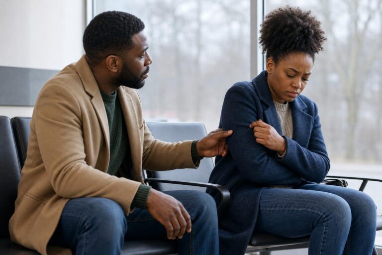 A Black woman pulls away from her partner in a clinic waiting area, showing relationship red flags.