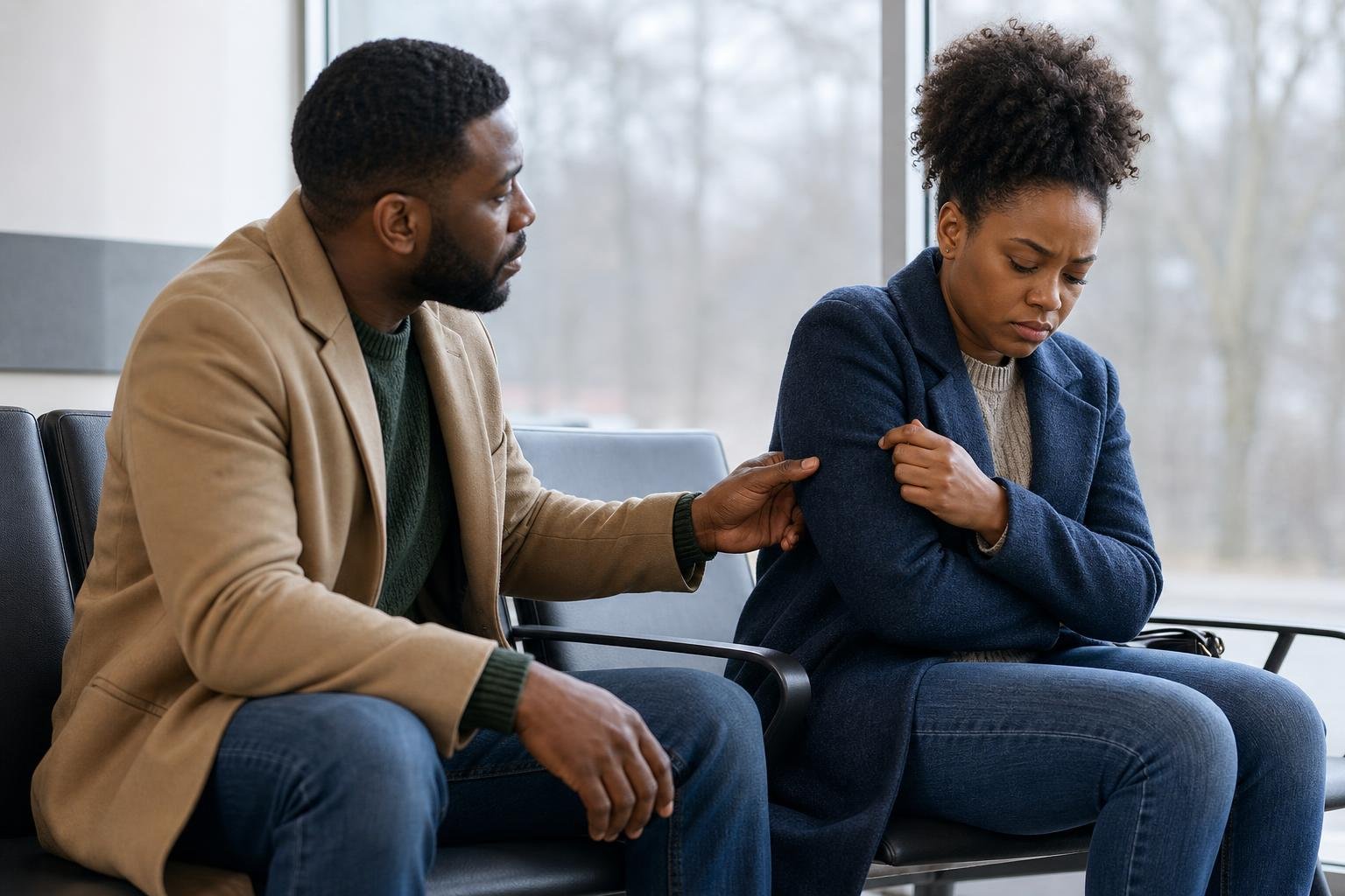 A Black woman pulls away from her partner in a clinic waiting area, showing relationship red flags.