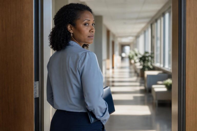 Dr. Renaisa Anthony pauses in a sunlit public health hallway before beginning her workday.