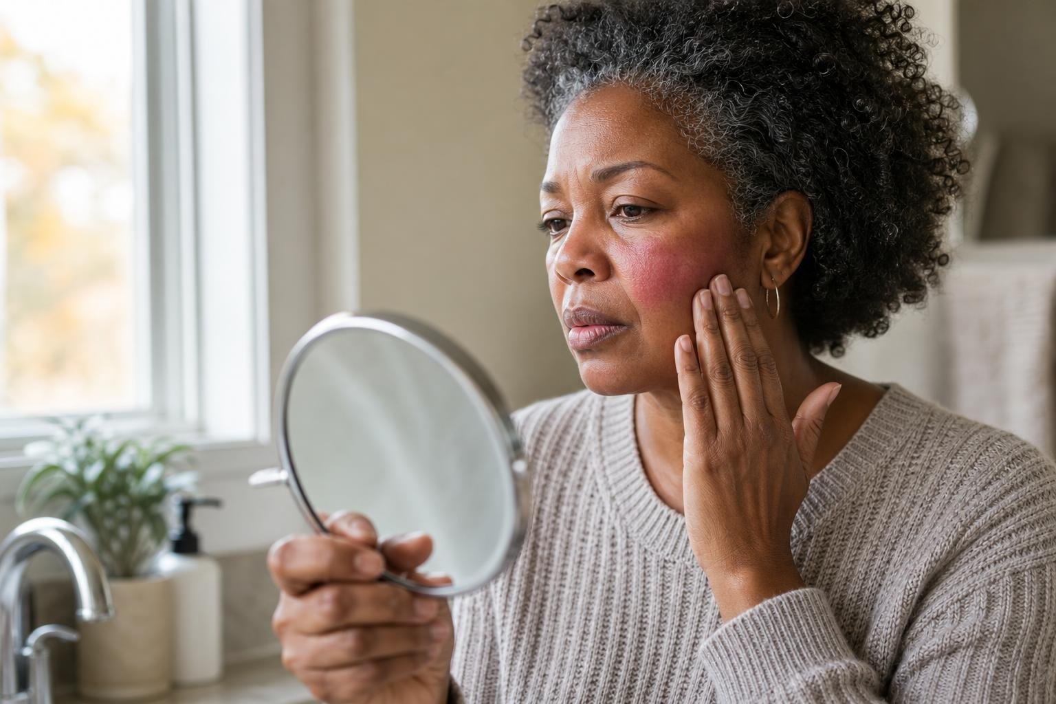 Middle-aged woman examines facial redness in a handheld mirror, reflecting rosacea concerns.