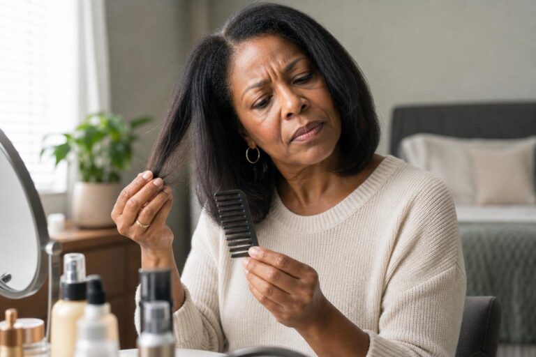Black woman at home examining her hair ends while maintaining salon-healthy hair.