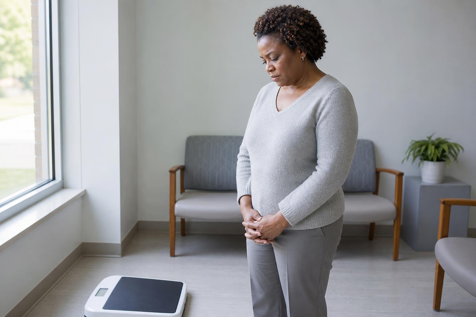 Black woman looks down at a floor scale in a quiet clinic waiting area.