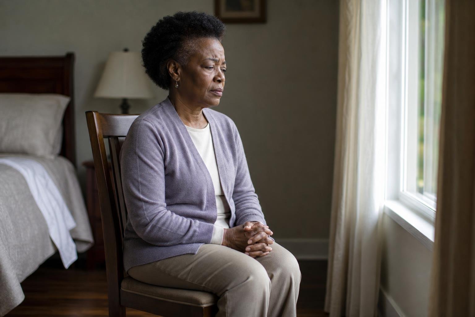 Older Black woman by a window reflects quietly on the isolation associated with schizophrenia.