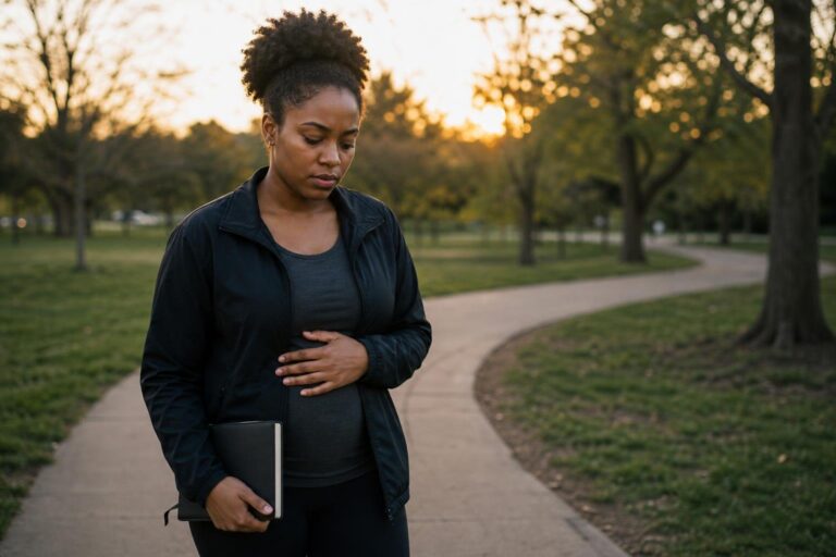 A thoughtful woman practices deep breathing on a park walk while considering self-treating depression.