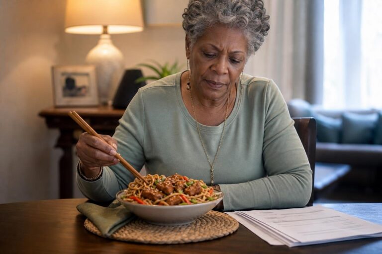 Older woman looks thoughtfully at a bowl of sesame chicken and noodles under warm lamp light.